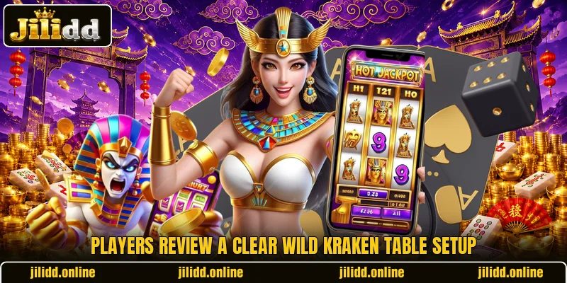 Players review a clear Wild Kraken table setup